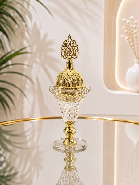 مباخر كرستال عنق معدن ذهبي ( 16*5 سم )
